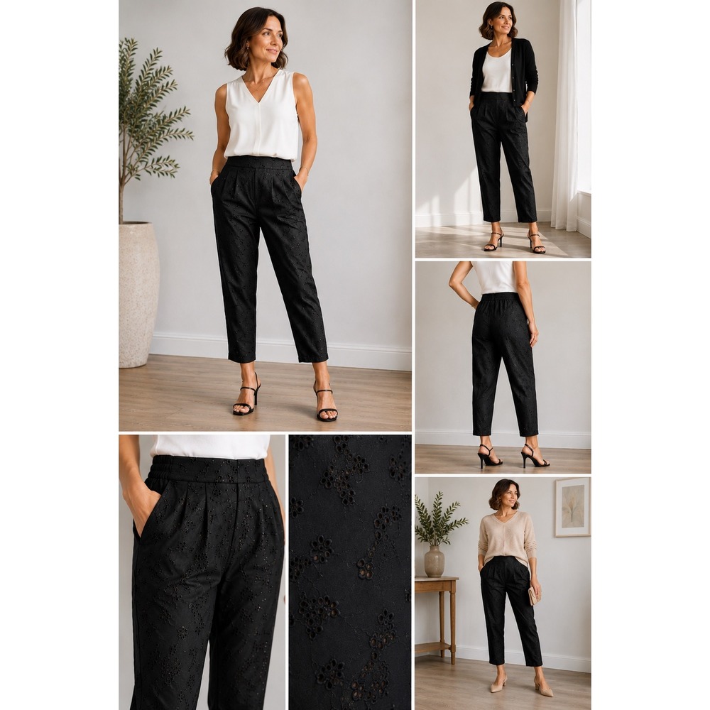 Sutton Studio Womens 8P Black 100% Silk Floral Eyelet Straight Leg Pants Petite